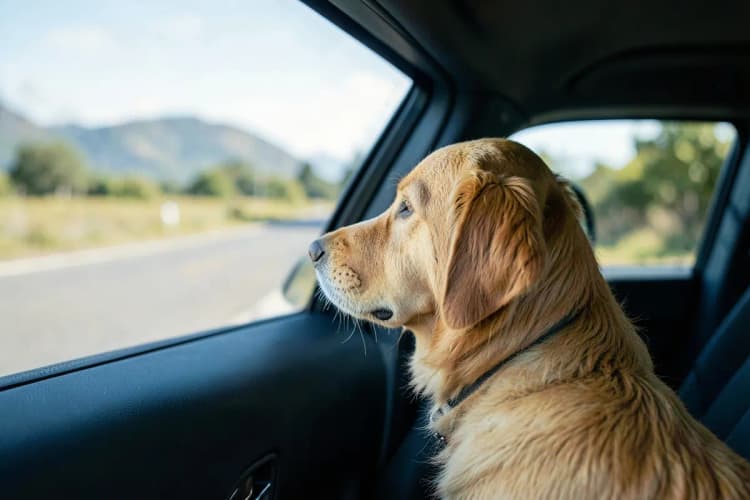 Um cachorro dentro de um carro com a janela aberta, olhando para fora com atenção
