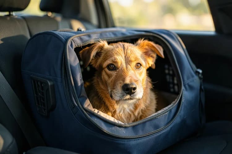 Um cachorro feliz sendo transportado em uma caixa de transporte segura dentro de um carro