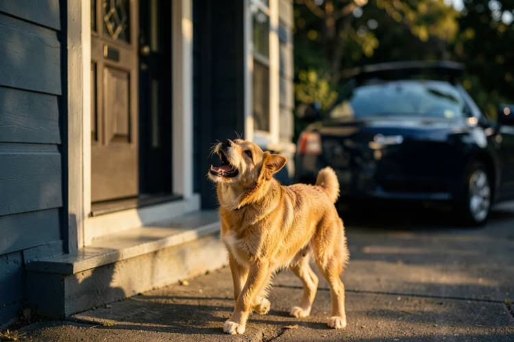 Um cachorro sendo recebido por uma pessoa sorridente em frente a uma casa com um carro ao fundo
