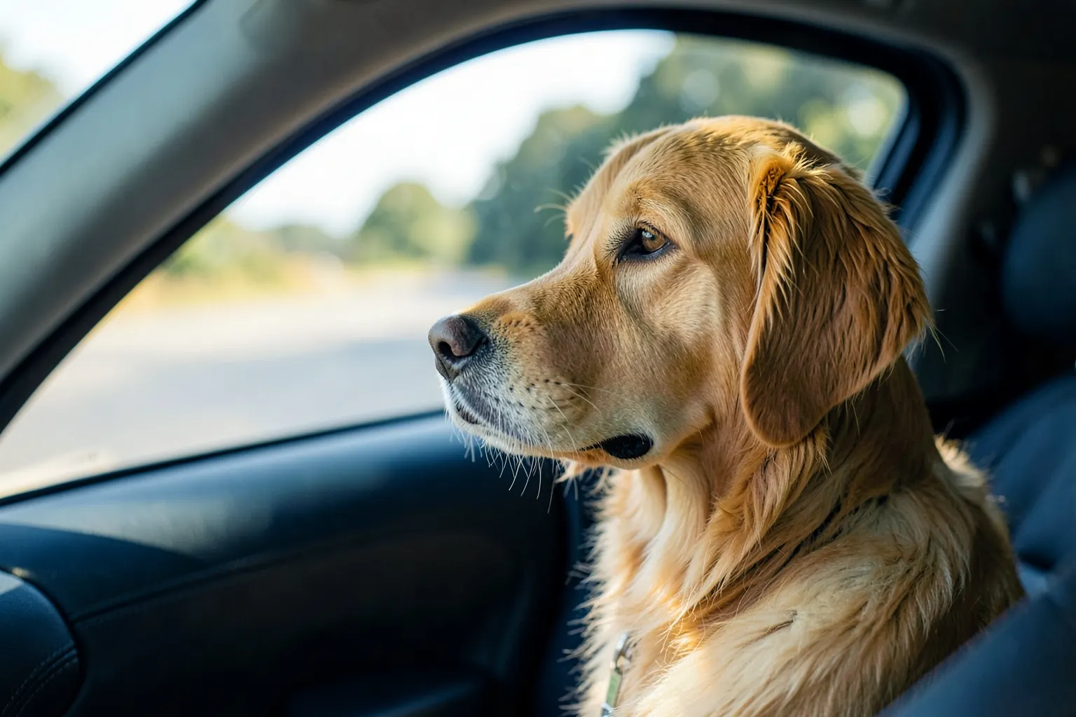 Um cachorro dentro de um carro com a janela aberta, olhando para fora com atenção