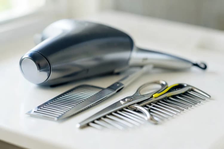 Equipamentos de banho e tosa como secador, soprador e tesouras.
