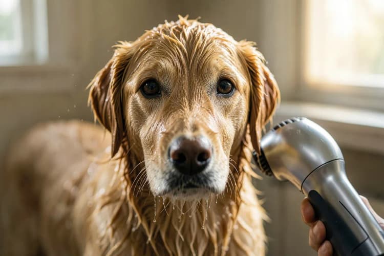 Cachorro sendo secado com secador de mão após o banho.