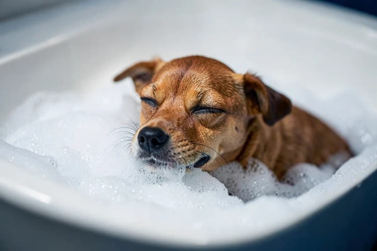 Cachorro relaxando em uma banheira com espuma durante o banho.
