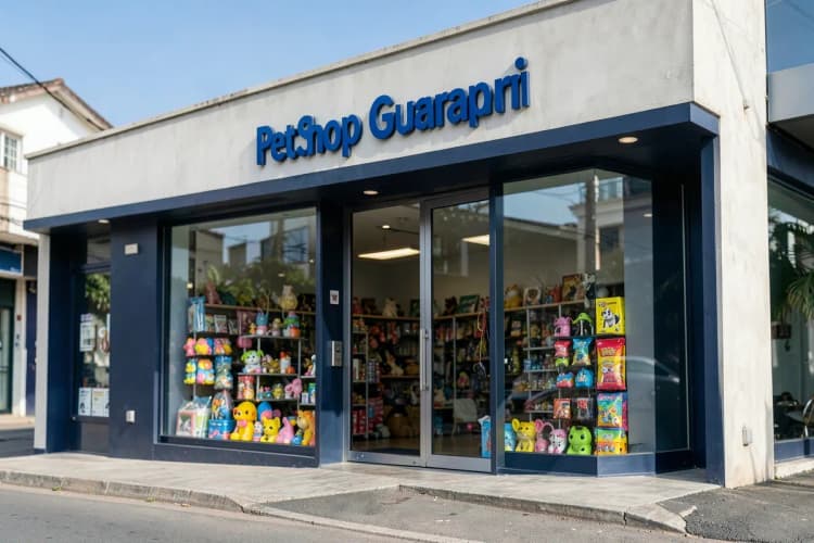 Fachada de um pet shop com o nome "Pet Shop Guarapari".