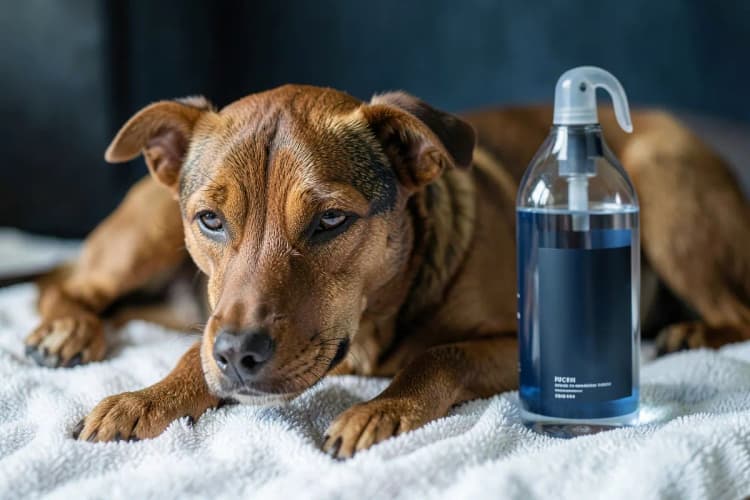 Um cachorro de pelo curto e marrom deitado em uma toalha branca, com uma garrafa de shampoo para pets ao lado.