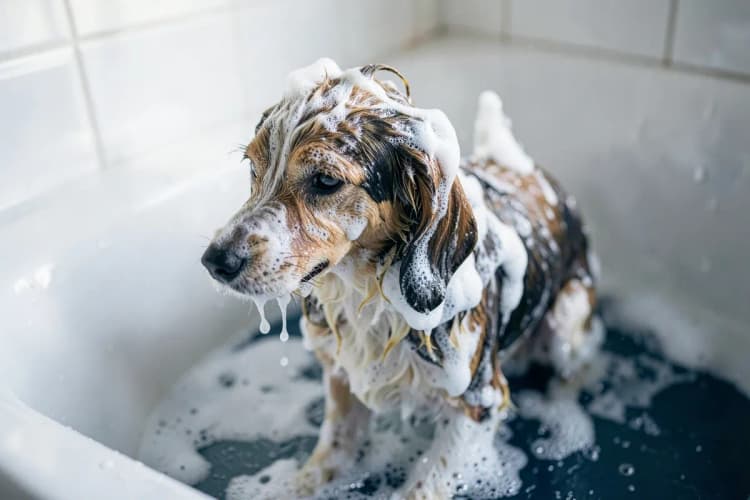 Um cachorro sendo ensaboado com shampoo em uma banheira, com bolhas de sabão visíveis.