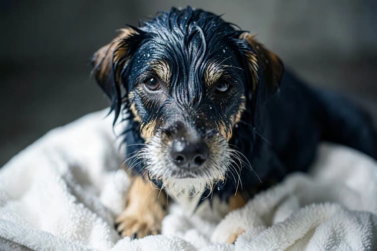 Um cachorro com pelo molhado e escorrendo, sentado em uma toalha felpuda.