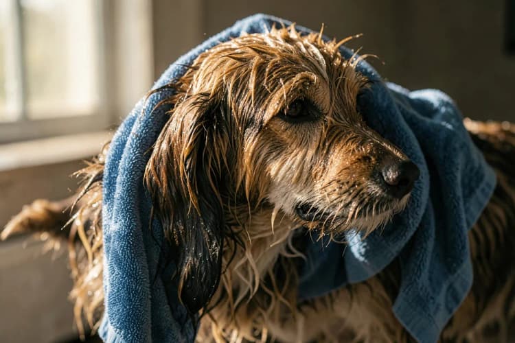 Um cachorro sendo secado com uma toalha azul, com gotas de água visíveis no pelo.