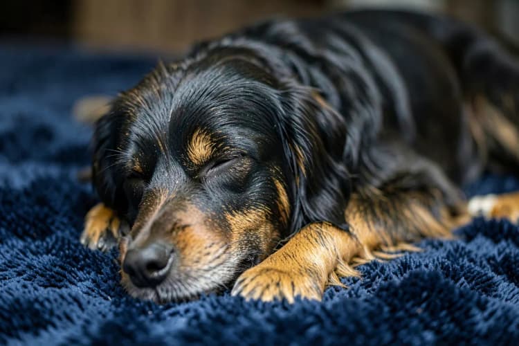 Um cachorro com pelo escovado e brilhante, deitado em um tapete felpudo.