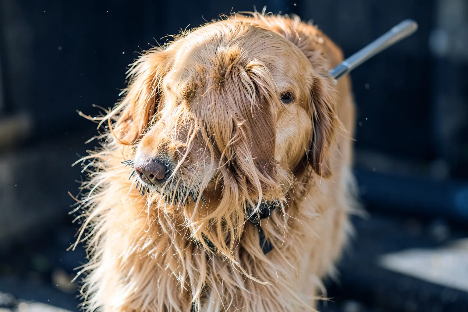 Cachorro peludo sendo escovado com uma escova de metal, com pelos soltos ao redor.