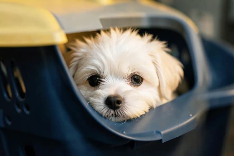 Cachorro dentro de uma caixa de transporte com a porta aberta, em um ambiente interno com piso claro.