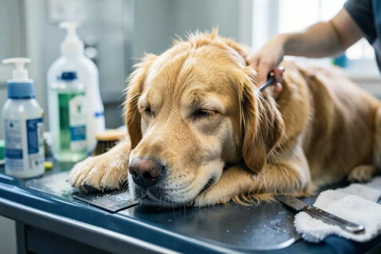 Cachorro sendo escovado em uma mesa de tosa, com produtos de higiene ao lado.