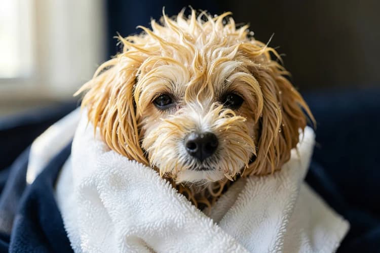 Cachorro feliz com pelo molhado após o banho, em uma toalha felpuda.