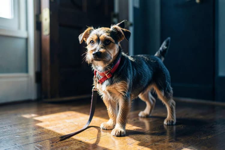 Cachorro com coleira e guia, pronto para passear, em frente a uma porta.