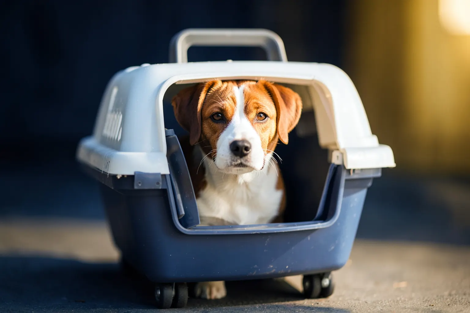 Cachorro sendo transportado em caixa de plástico com rodinhas, com a porta aberta, em ambiente externo com plantas ao fundo.