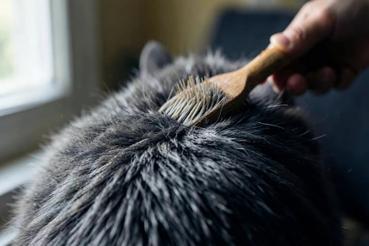 Um gato cinza fofo sendo escovado suavemente com uma escova de pelos em um ambiente interno.