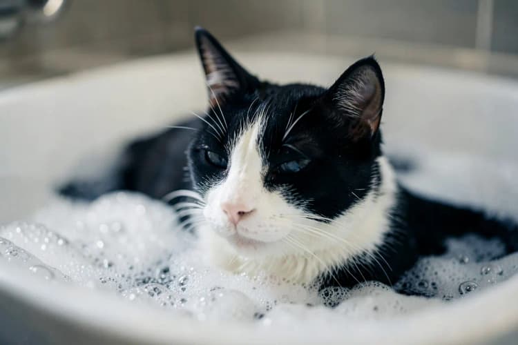 Um gato preto e branco relaxando em uma banheira com espuma, com bolhas flutuando ao redor.