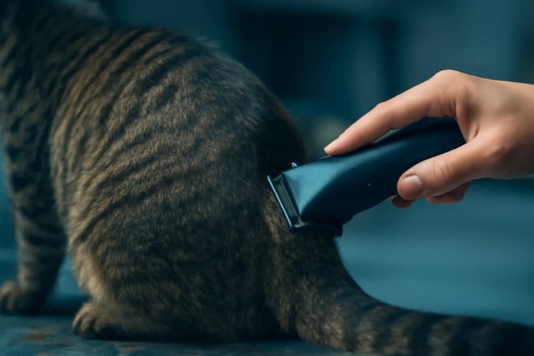 Um gato rajado sendo cuidadosamente tosado com uma máquina de tosa elétrica, com foco no pelo sendo cortado.