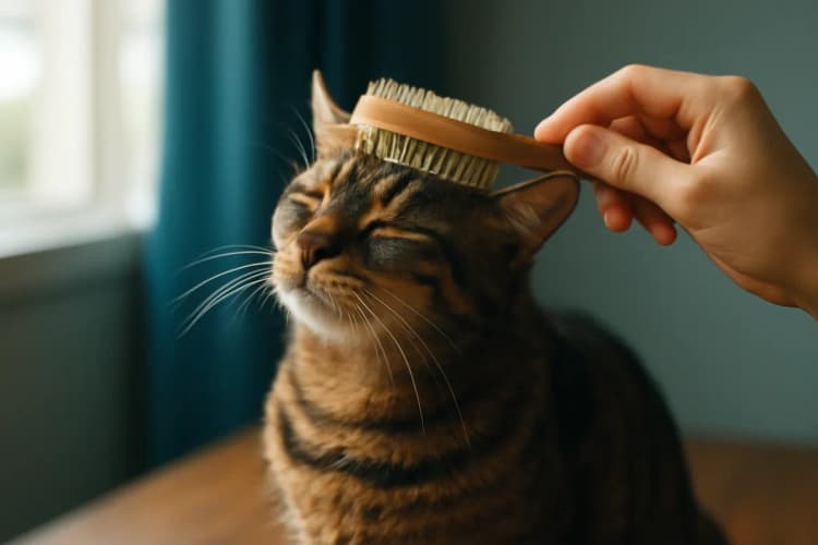 Um gato malhado marrom e preto sendo escovado com uma escova de cerdas macias em um ambiente doméstico.