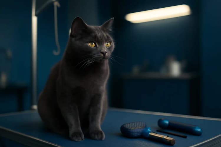 Um gato cinza escuro sentado em uma mesa de tosa com ferramentas de grooming organizadas ao lado.