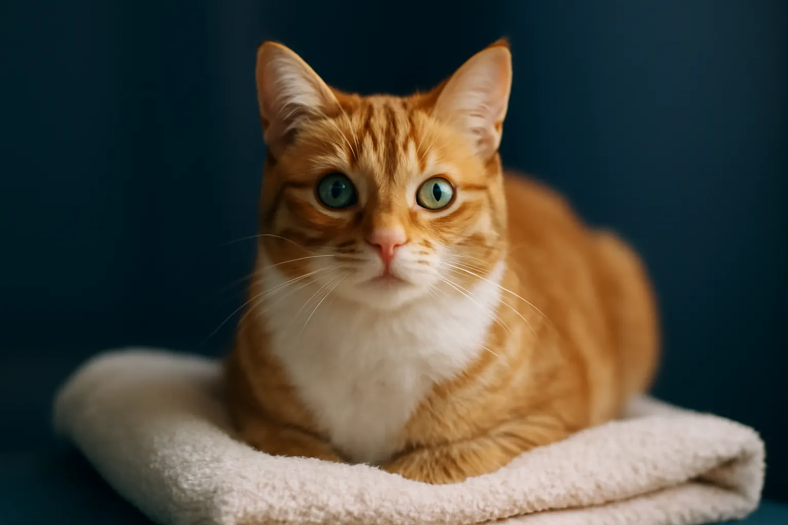 Um gato malhado laranja e branco sentado em uma toalha felpuda, olhando para a câmera com olhos verdes arregalados.