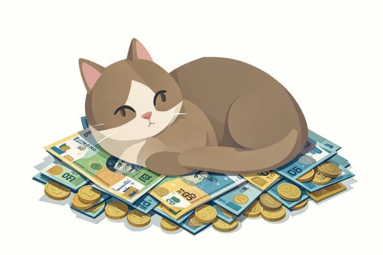 Gato deitado em cima de notas de dinheiro e moedas, simulando custo de serviço