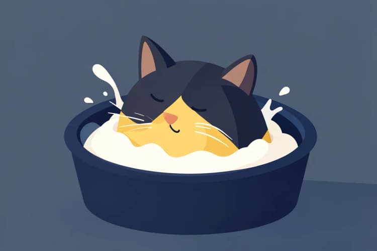 Gato relaxado tomando banho em uma banheira com espuma