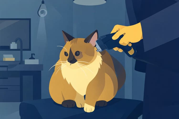 Gato sendo tosado com máquina profissional em clínica veterinária