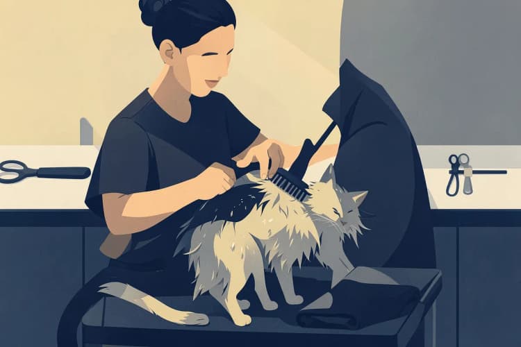 Profissional escovando gato com cuidado após o banho