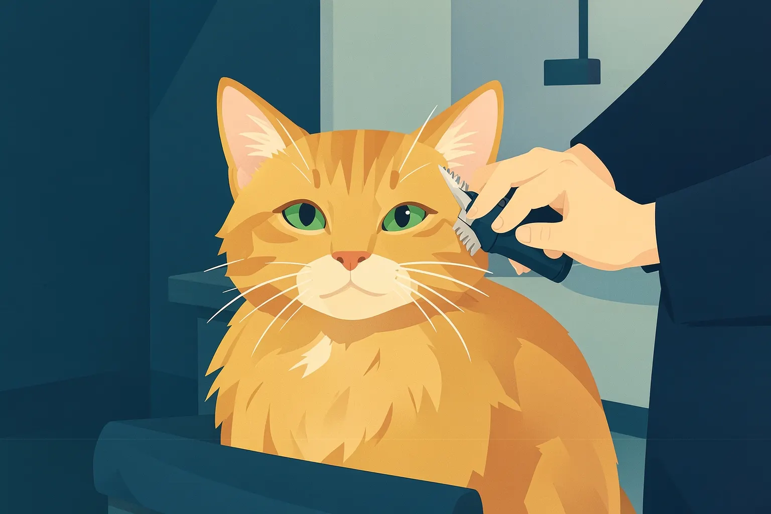 Gato sendo tosado por profissional em clínica veterinária
