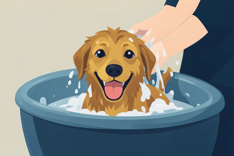 Cachorro feliz recebendo banho em pet shop