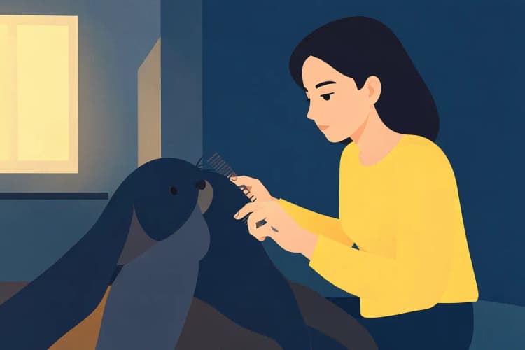 Dona penteando cachorro em casa antes de ir ao pet shop