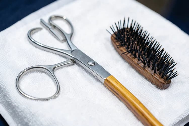 Tesoura de tosa e escova para pets sobre uma toalha limpa