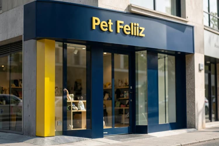 Fachada de uma loja de pet shop com o nome "Pet Feliz" na placa