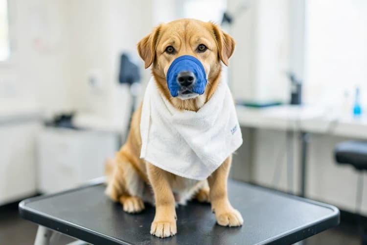 Cachorro com focinheira e toalha no pescoço pronto para o banho