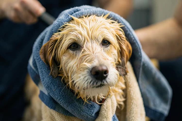 Cachorro calmo recebendo carinho de um tosador após o banho