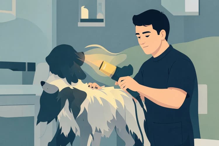 Cachorro sendo secado com secador profissional em pet shop