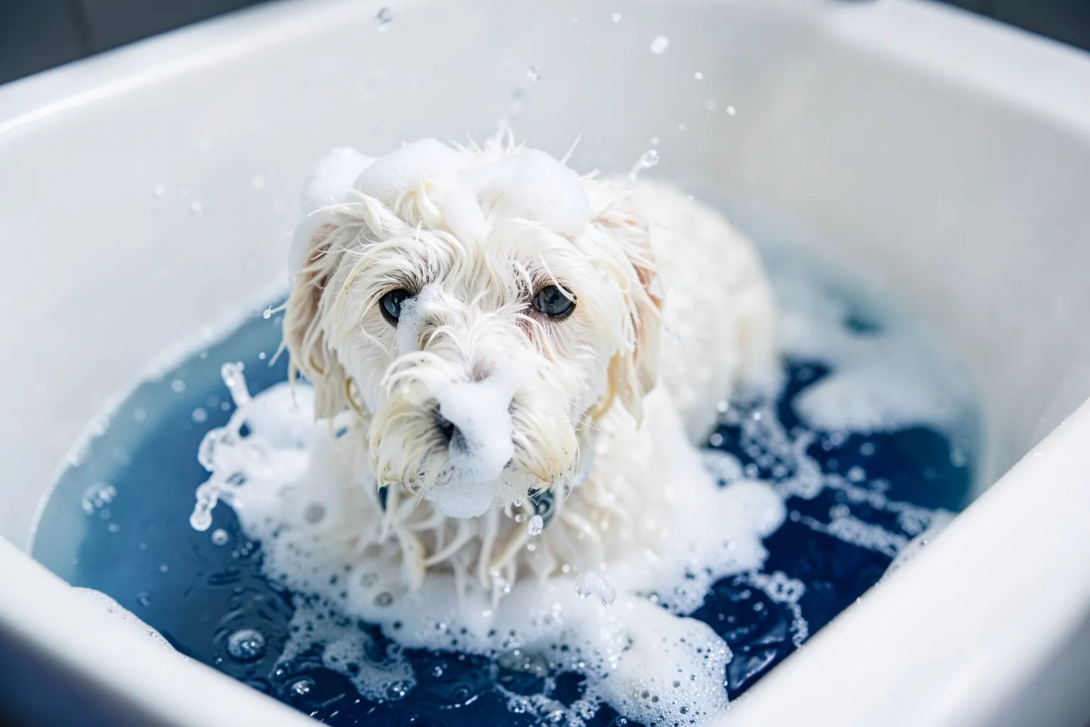 Cachorro de pelo claro recebendo banho com espuma em uma banheira