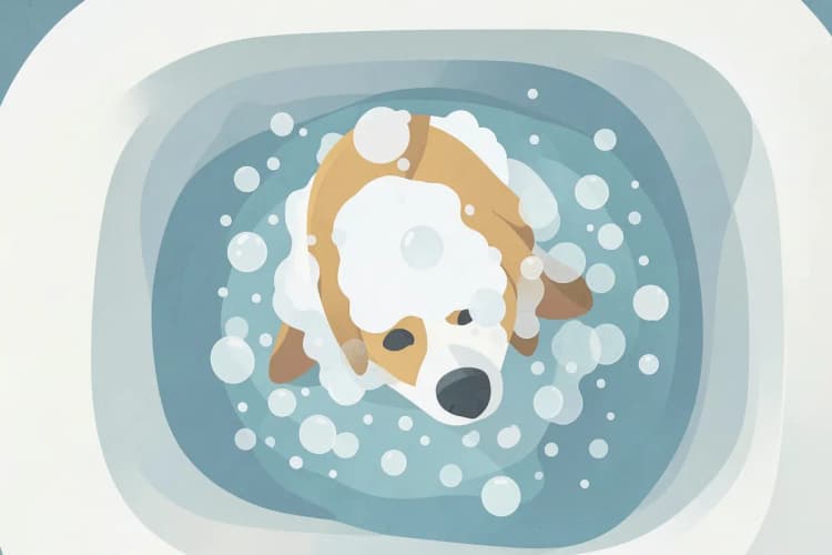 Um cachorro sendo ensaboado com shampoo em uma banheira, com água corrente e bolhas.
