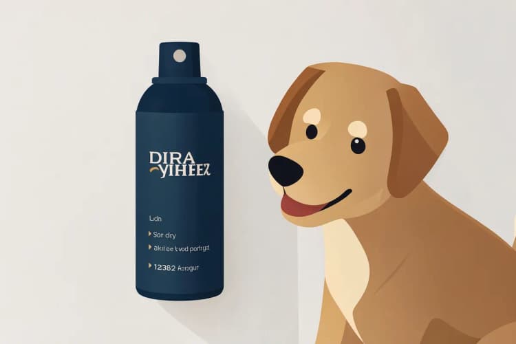 Uma lata de spray de banho a seco ao lado de um cachorro, com instruções de uso.