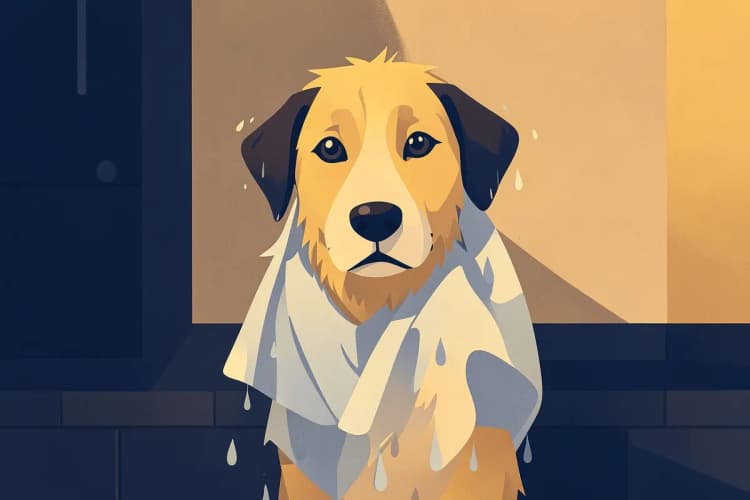 Um cachorro sendo seco com uma toalha macia após o banho, com o pelo ainda úmido.