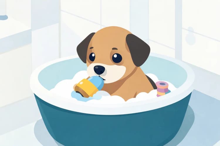 Um cachorro filhote em uma banheira pequena, com espuma e brinquedos de banho.