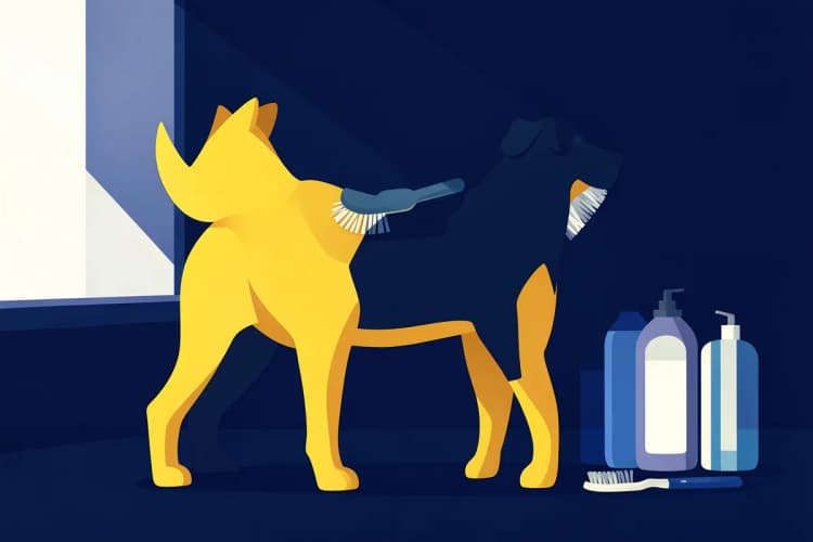 Um cachorro sendo escovado com uma escova de cerdas macias, com produtos de higiene ao lado.