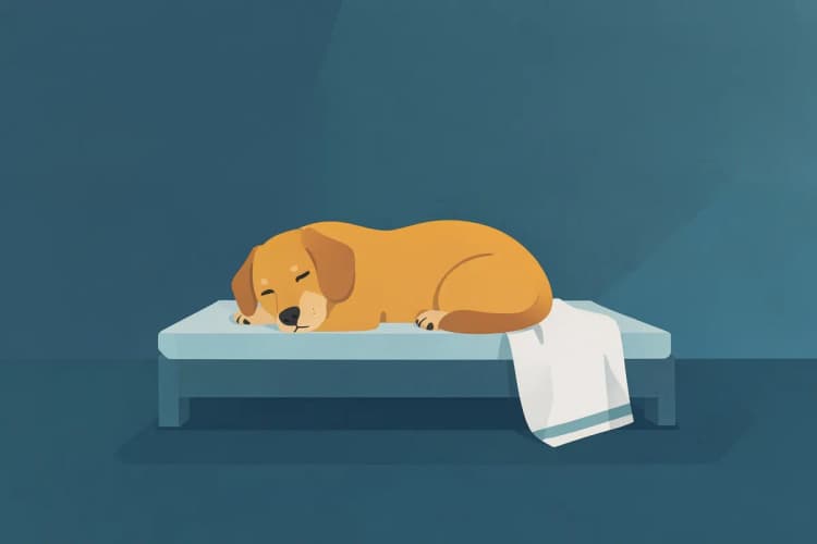 Um cachorro deitado em uma caminha, relaxado após o banho, com uma toalha ao lado.