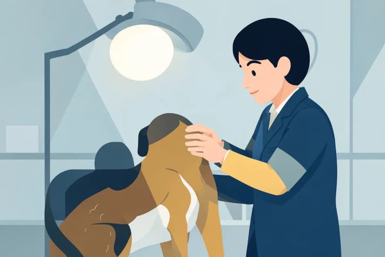 Um veterinário examinando um cachorro com a pele irritada, em um ambiente clínico.