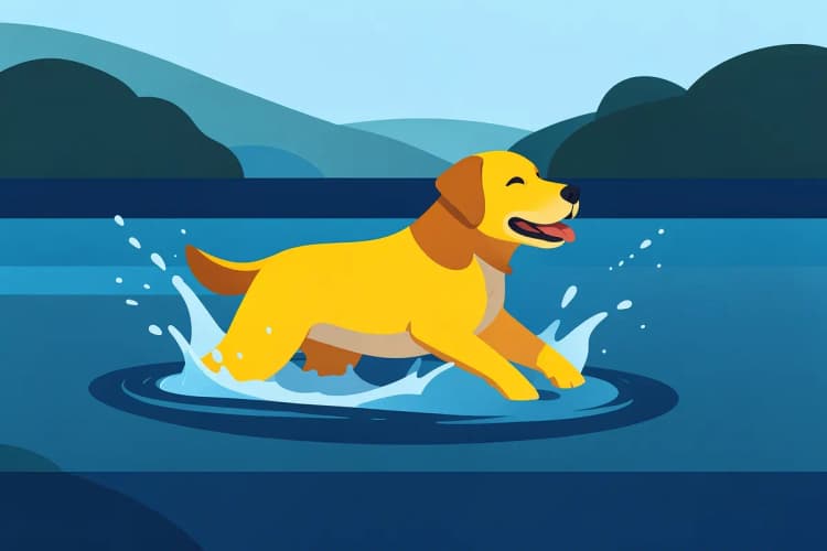 Um cachorro da raça Labrador Retriever brincando feliz na água, em um lago.