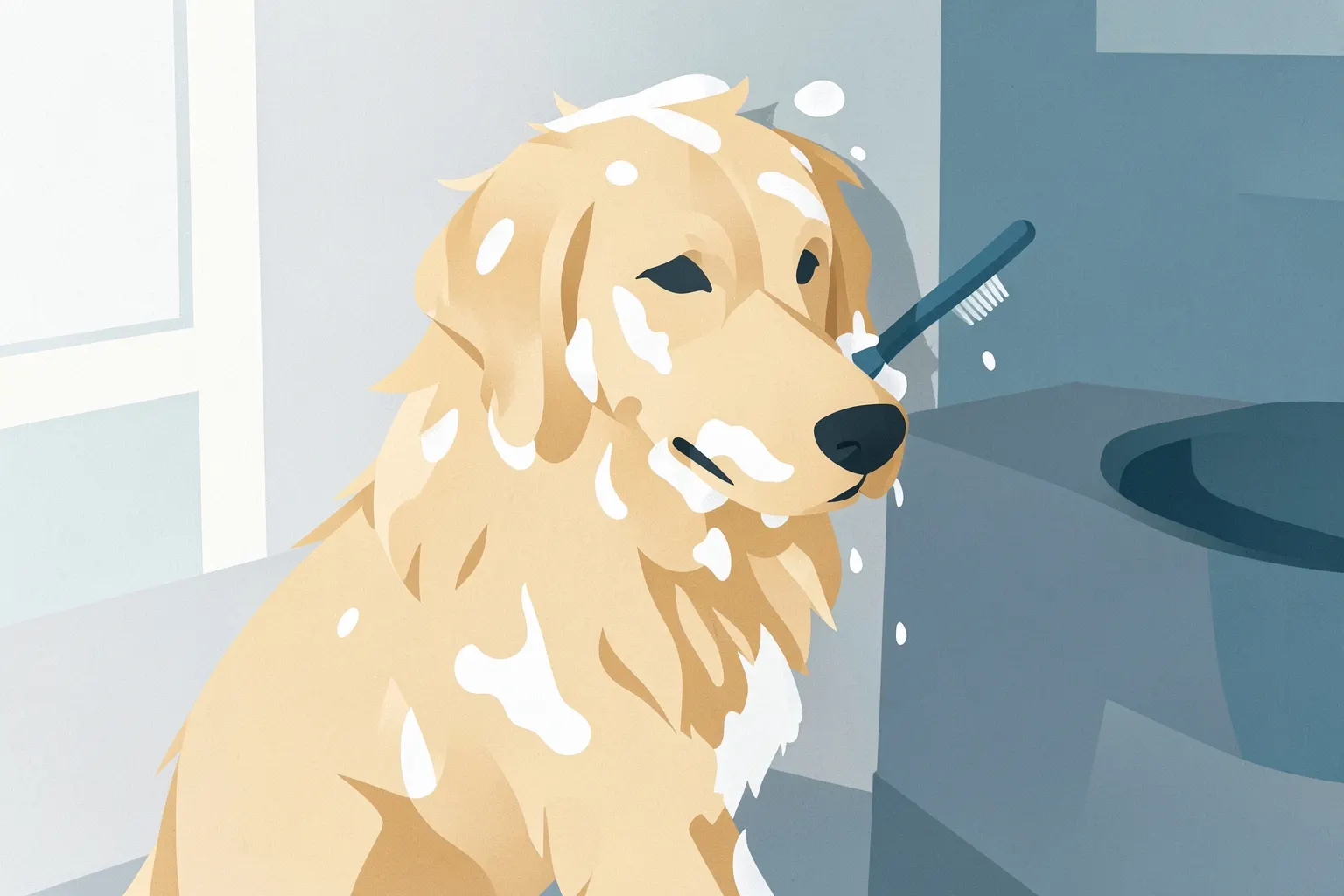 Um cachorro golden retriever sendo escovado com uma escova de dentes, com espuma de banho no pelo, em um ambiente interno claro.