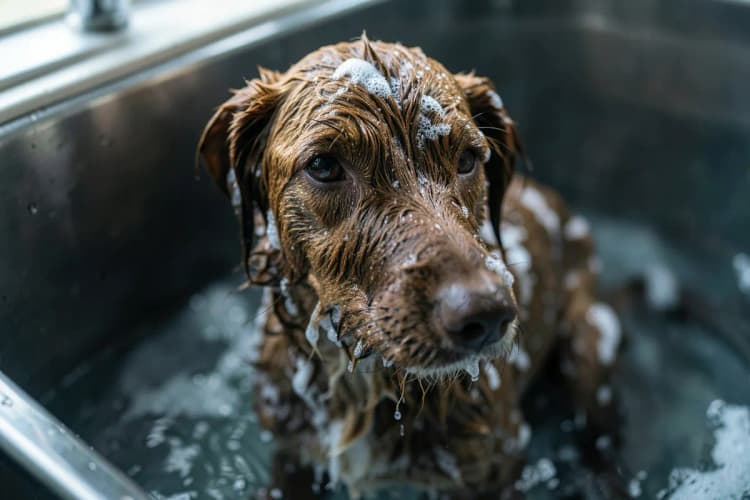 Cachorro sendo ensaboado em uma banheira com espuma branca, com água corrente.