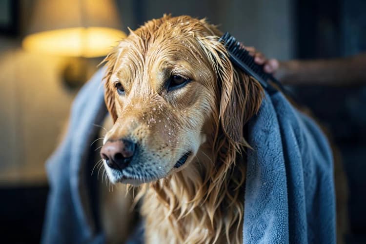 Cachorro sendo escovado após o banho, com toalha ao lado.