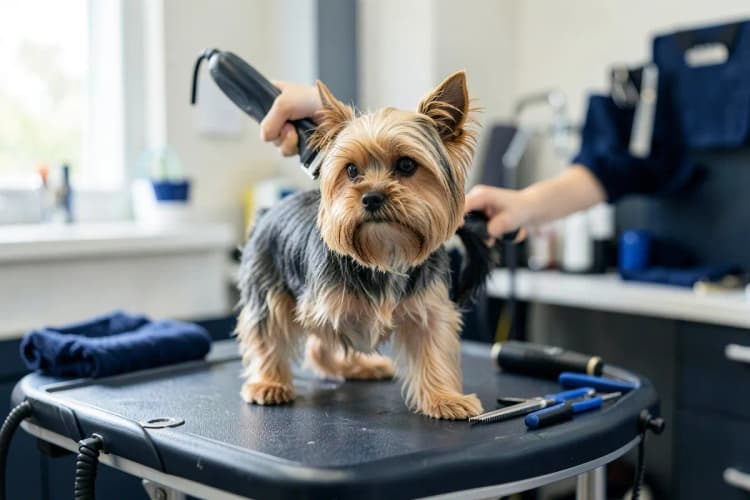 Cachorro yorkshire terrier sendo tosado com máquina em um salão de estética pet.